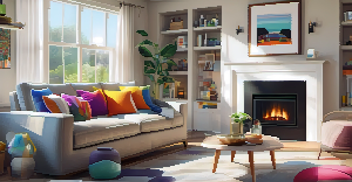 A modern living room with smart home devices like a thermostat and speakers, filled with sunlight and a comfortable sofa.