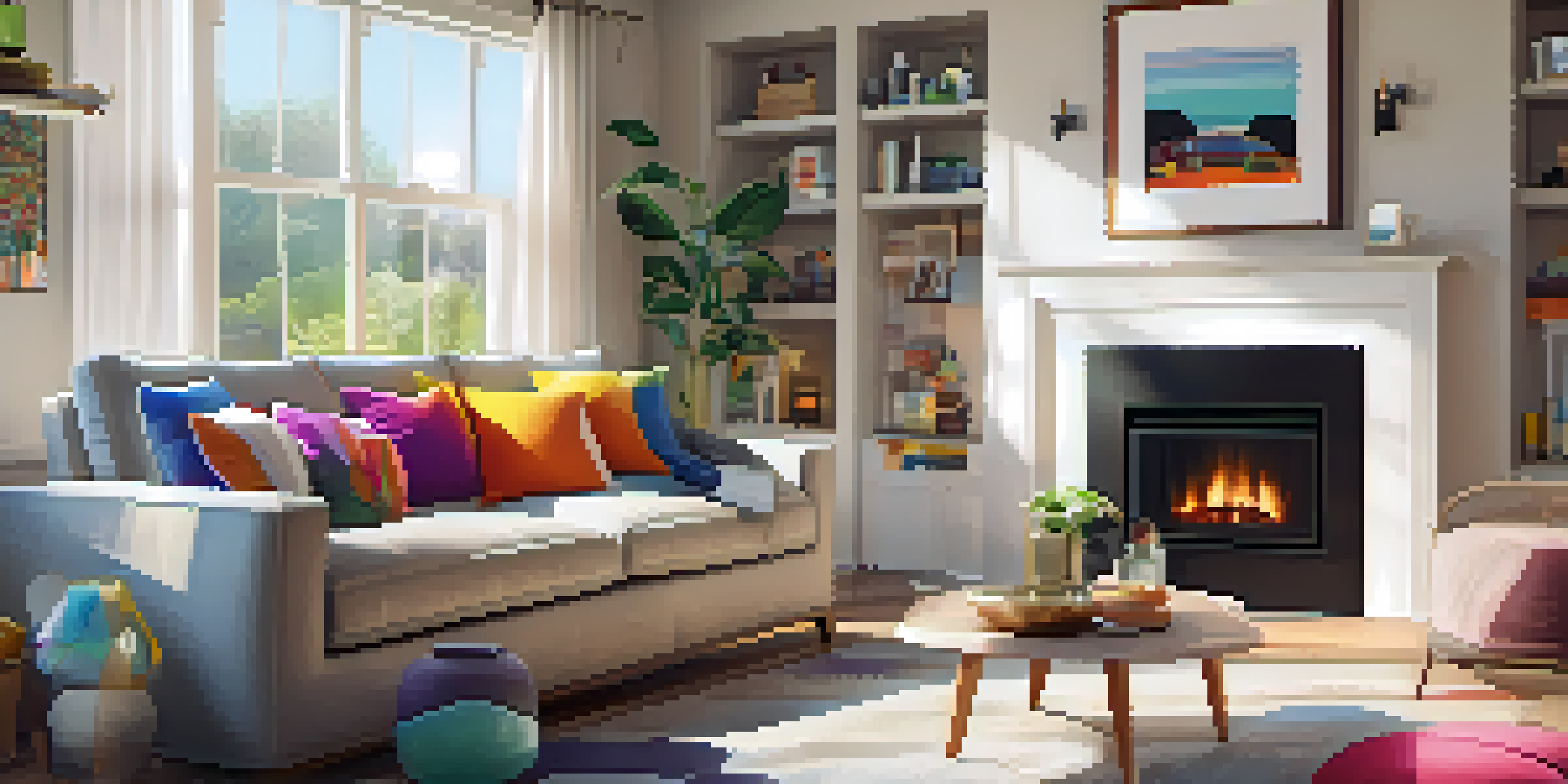 A modern living room with smart home devices like a thermostat and speakers, filled with sunlight and a comfortable sofa.
