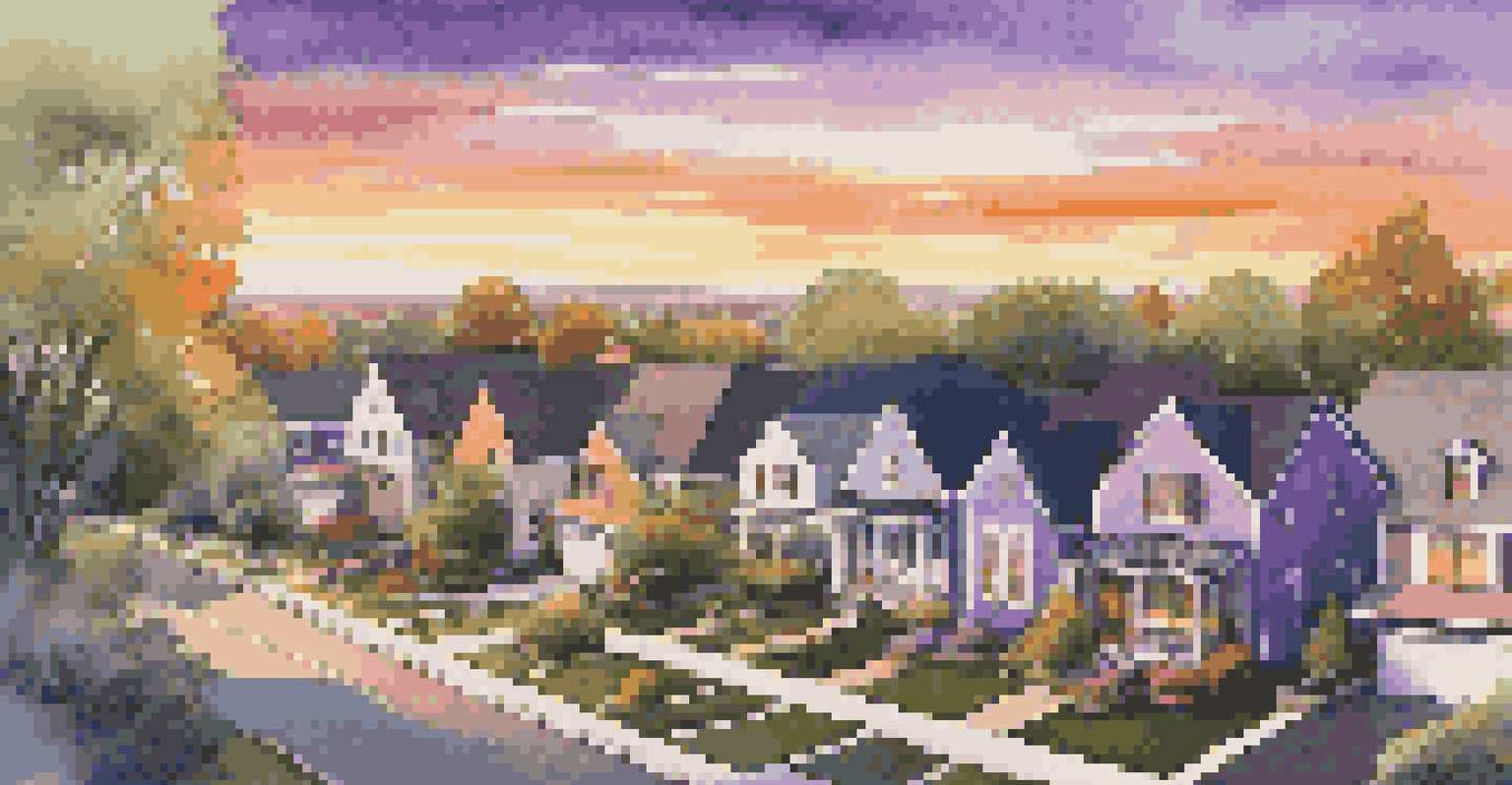 Aerial view of a suburban neighborhood at sunset with renovated homes and colorful gardens.