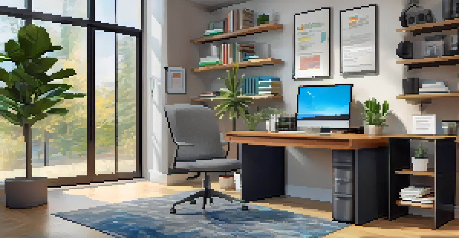 A cozy office space featuring a computer showing a virtual tour, with bookshelves, artwork, and a large window.