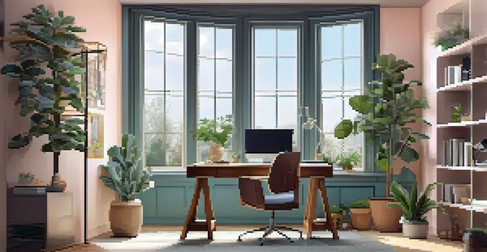 A bright and inviting home office with a desk, computer, plants, and motivational artwork, illuminated by natural light from a window.