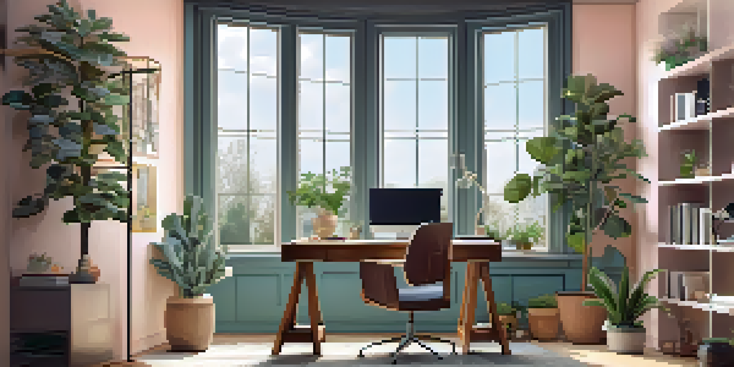 A bright and inviting home office with a desk, computer, plants, and motivational artwork, illuminated by natural light from a window.