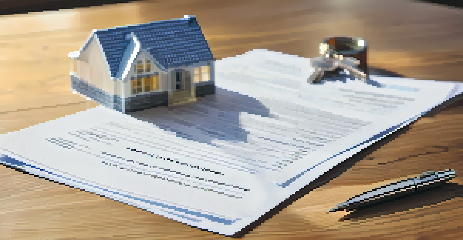 Close-up of a real estate contract on a desk, with a pen, house model, and calculator.
