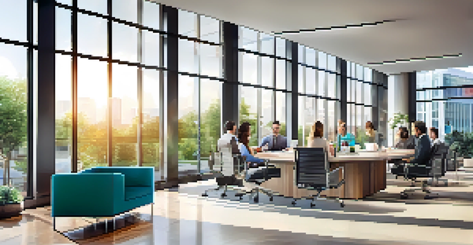 A modern real estate office with diverse agents discussing market trends, bright interior with glass windows.