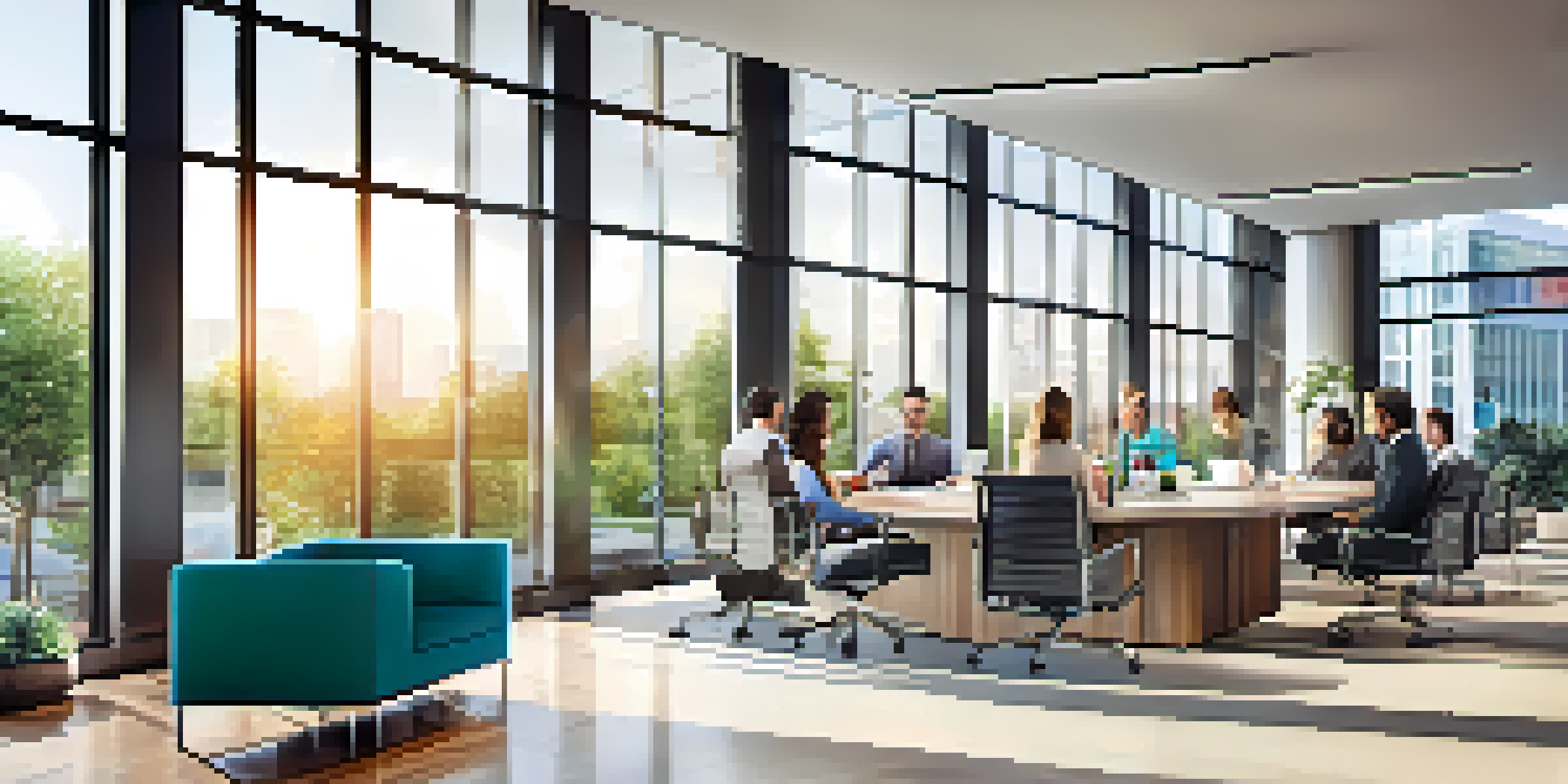 A modern real estate office with diverse agents discussing market trends, bright interior with glass windows.