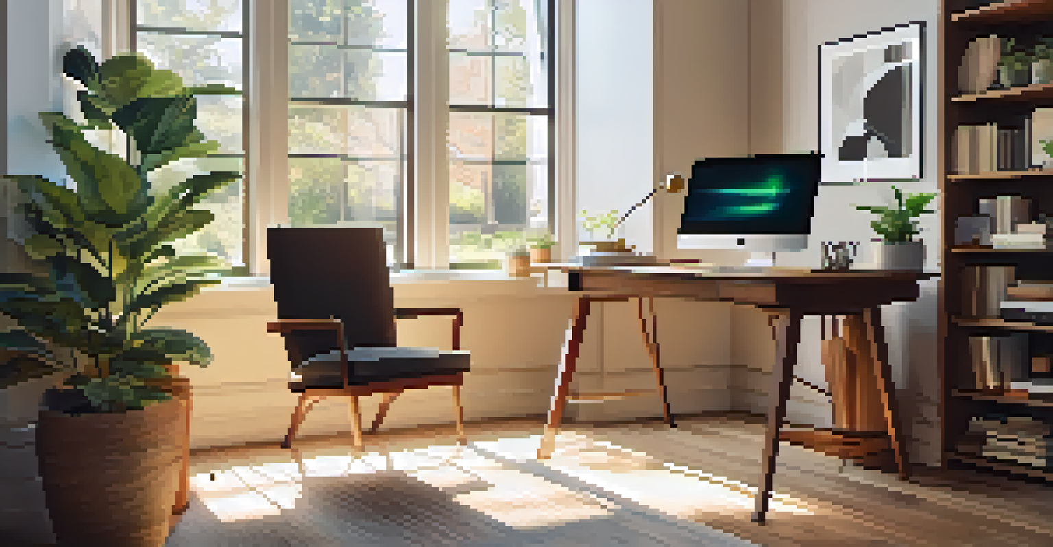 A cozy home office with a wooden desk, laptop, potted plant, and a bright view from the window.