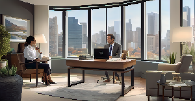 An experienced real estate agent meeting with a couple in a well-lit office filled with property brochures and certifications.