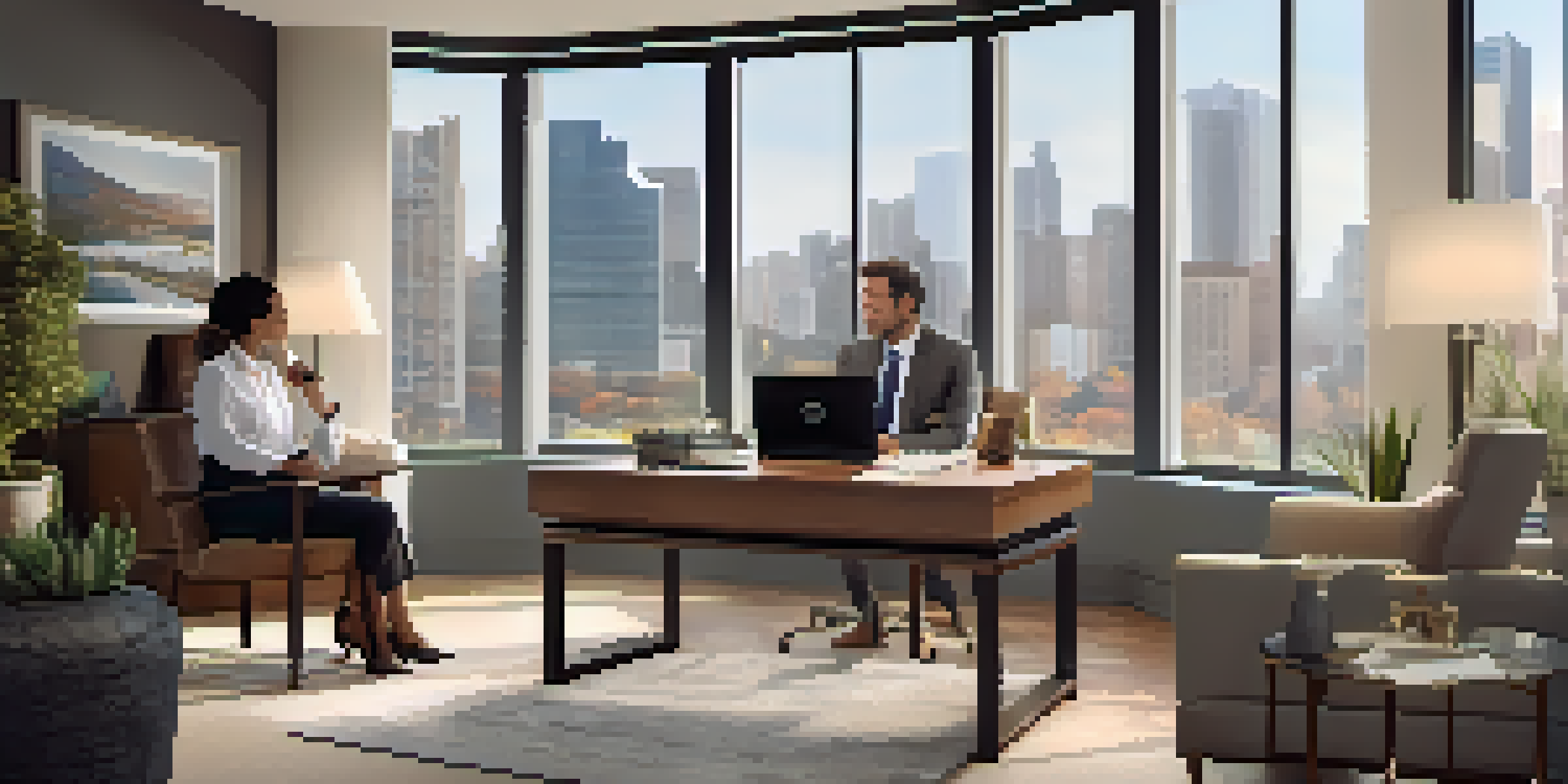 An experienced real estate agent meeting with a couple in a well-lit office filled with property brochures and certifications.