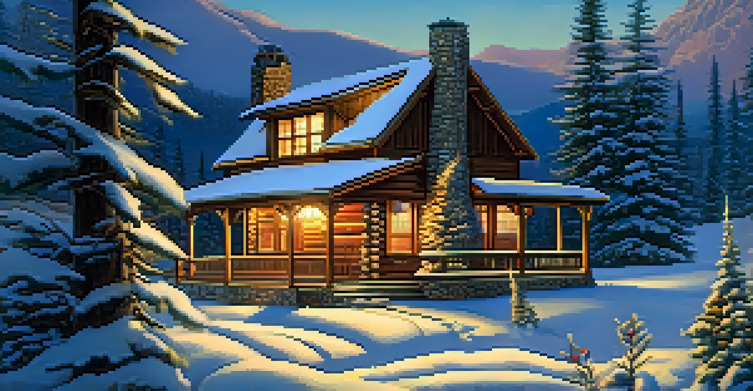 A snow-covered mountain cabin with a warm light shining from inside and a snowman in the yard, showcasing a cozy winter atmosphere.