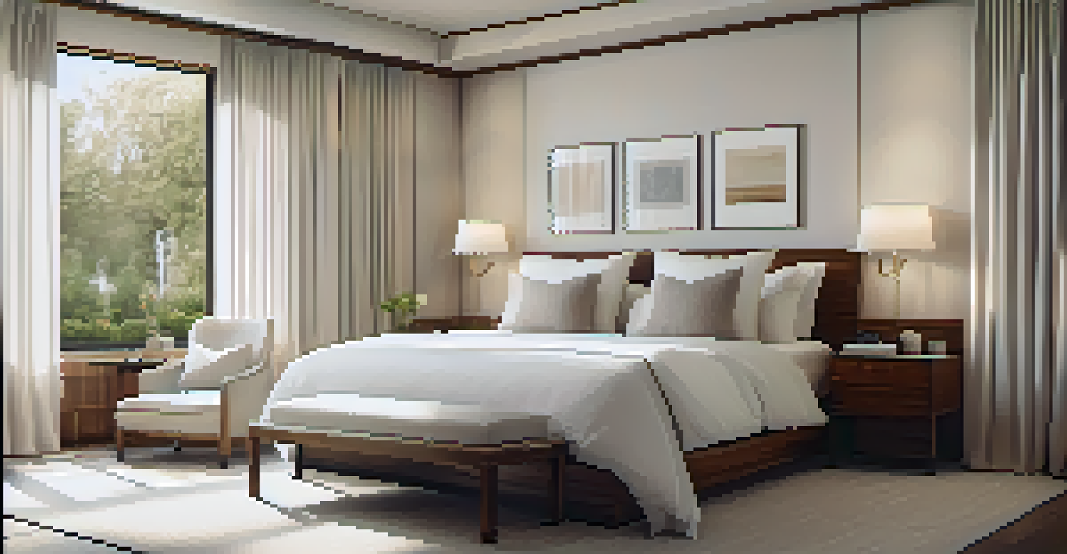 A serene bedroom with a large bed, wooden headboard, neutral colors, and a reading nook by a window.