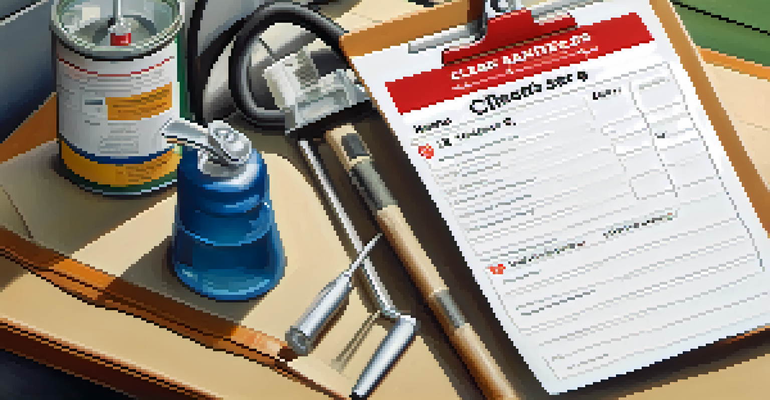 A clipboard with a checklist of home maintenance tasks, set against a tidy garage background.