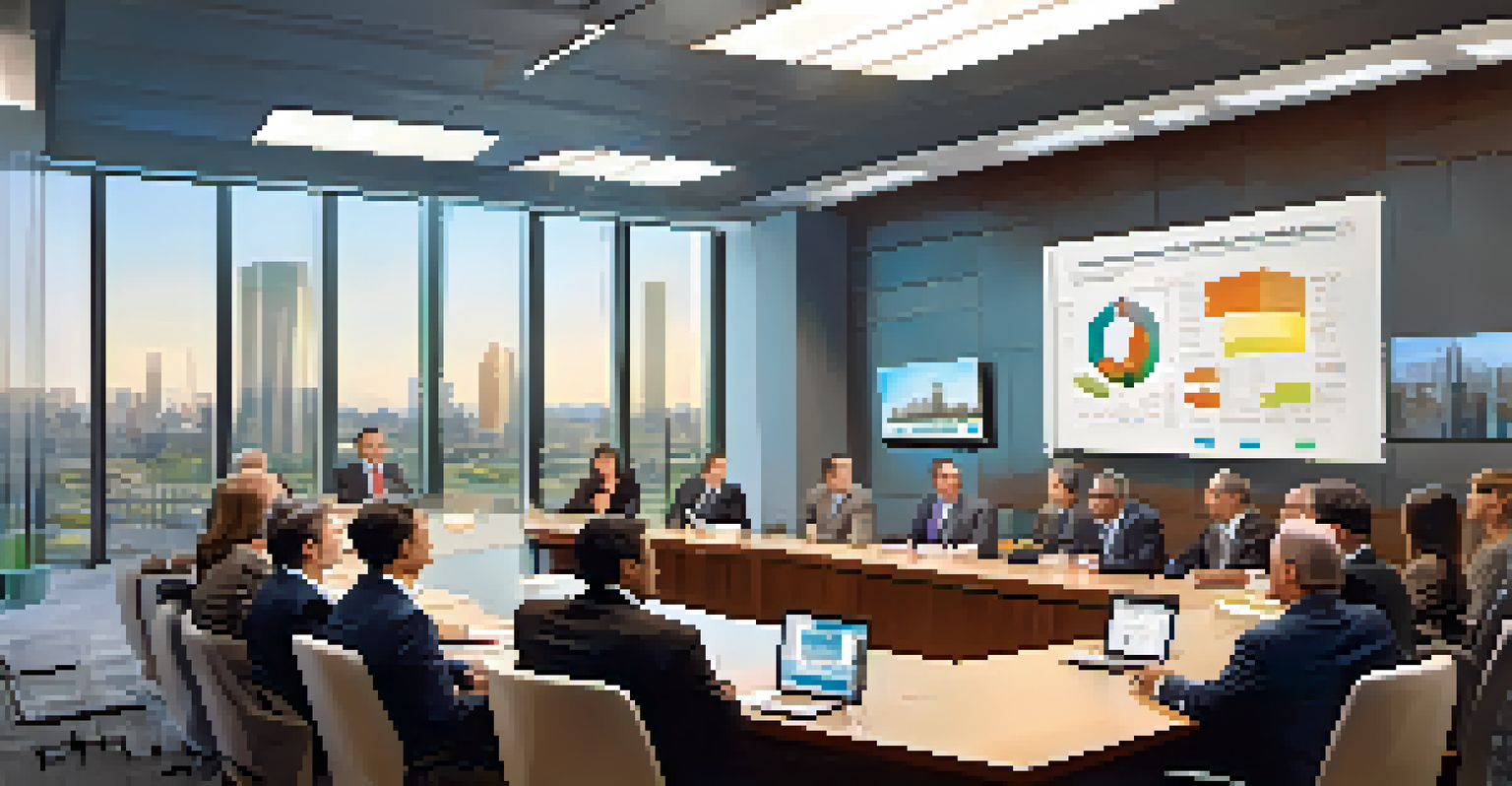 A conference room with a syndicator presenting to a diverse group of investors, with a financial structure chart on display.