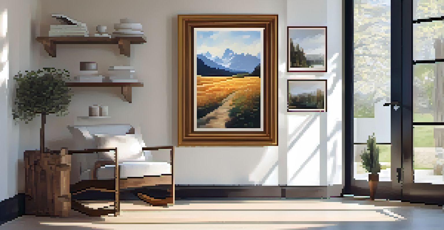 An inviting art display with a landscape painting above a decorative ladder holding framed photos, complemented by natural wood accents and warm sunlight.