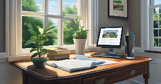 A home office filled with real estate documents and a laptop, featuring a sunny garden view through the window.