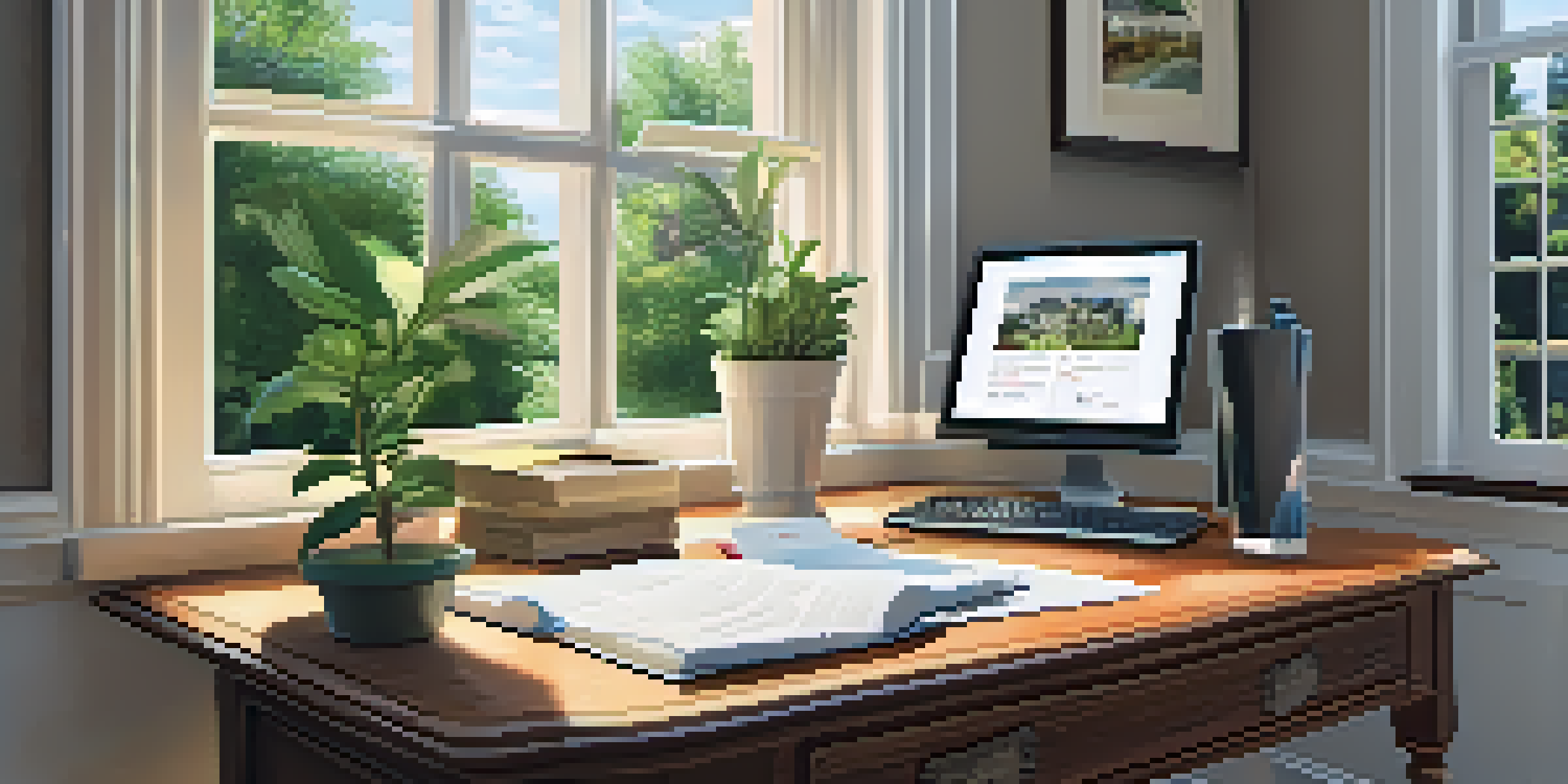 A home office filled with real estate documents and a laptop, featuring a sunny garden view through the window.