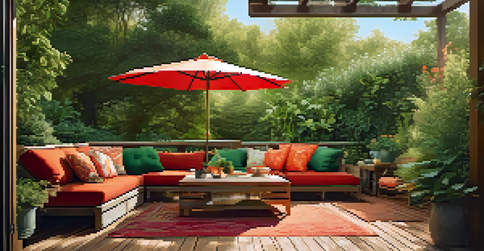 A cozy patio surrounded by lush greenery, with vibrant cushions in warm colors and soft sunlight creating a tranquil atmosphere.