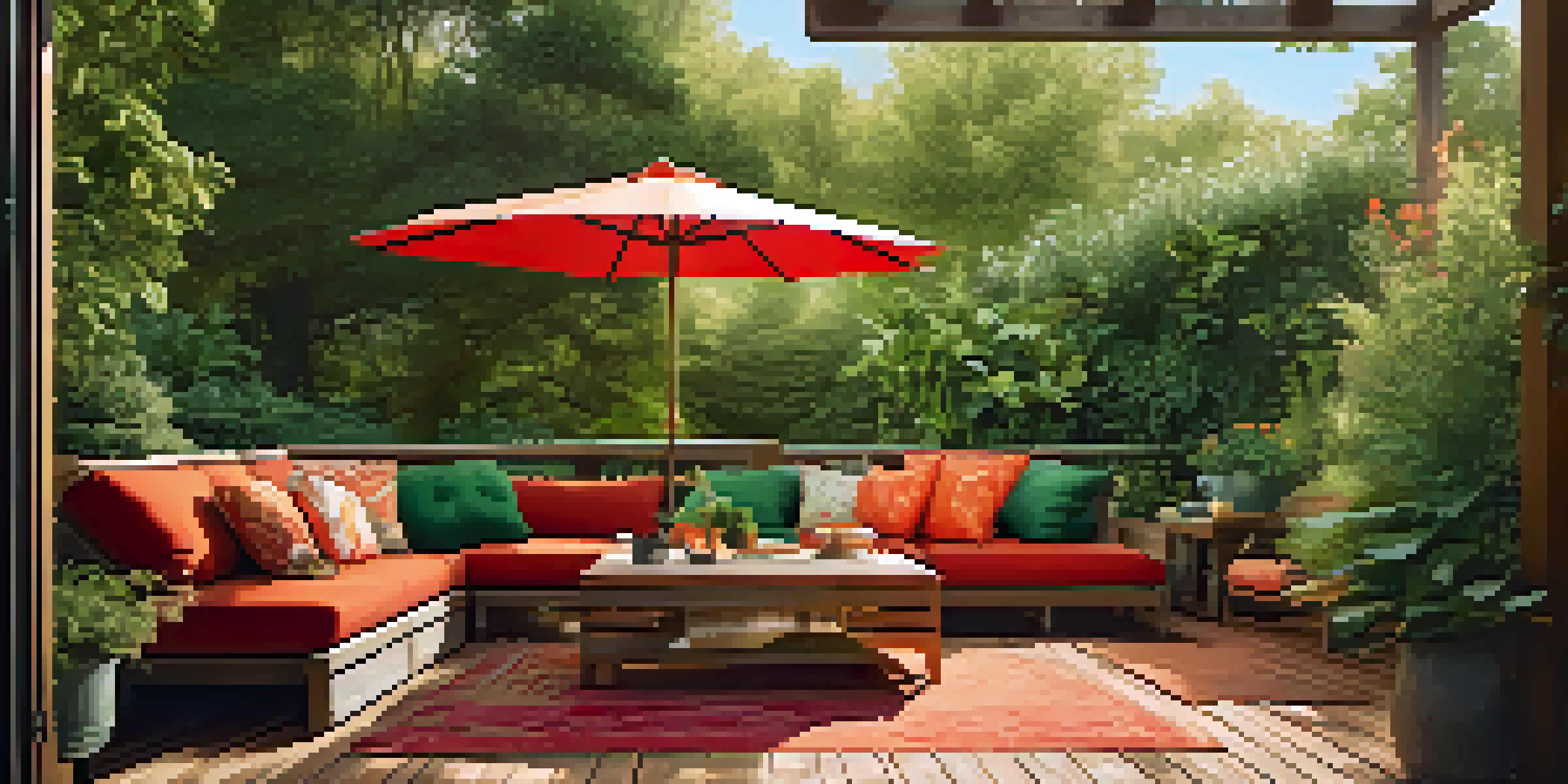 A cozy patio surrounded by lush greenery, with vibrant cushions in warm colors and soft sunlight creating a tranquil atmosphere.