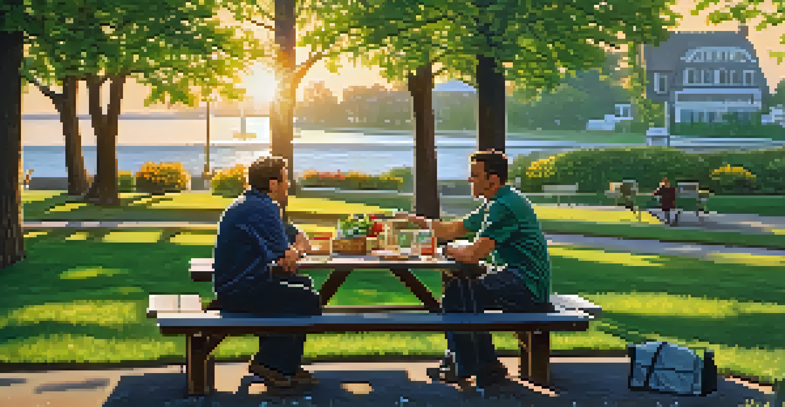 Two people at a park picnic table discussing a negotiation timeline, surrounded by lush greenery and a sunset.
