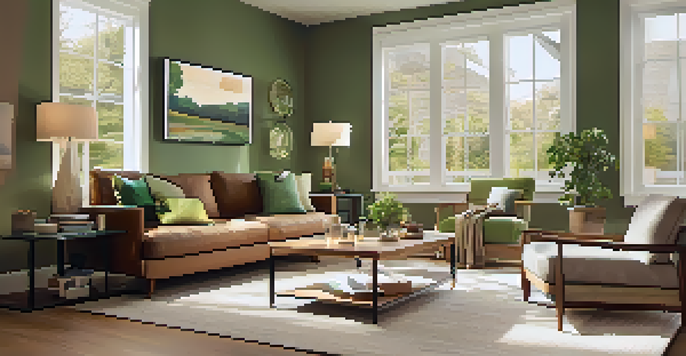A bright and inviting living room showcasing energy-efficient appliances and eco-friendly furniture, with natural light streaming through large windows.