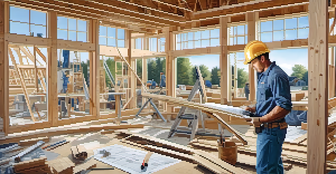 A general contractor with blueprints at a home renovation site, surrounded by subcontractors working on various tasks.
