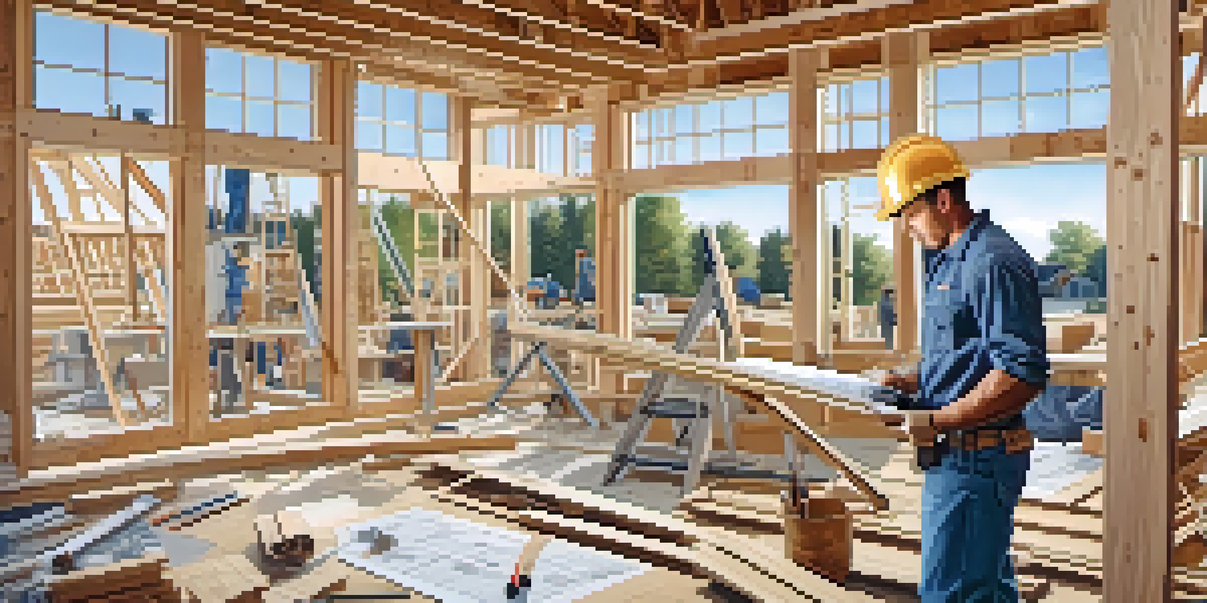 A general contractor with blueprints at a home renovation site, surrounded by subcontractors working on various tasks.