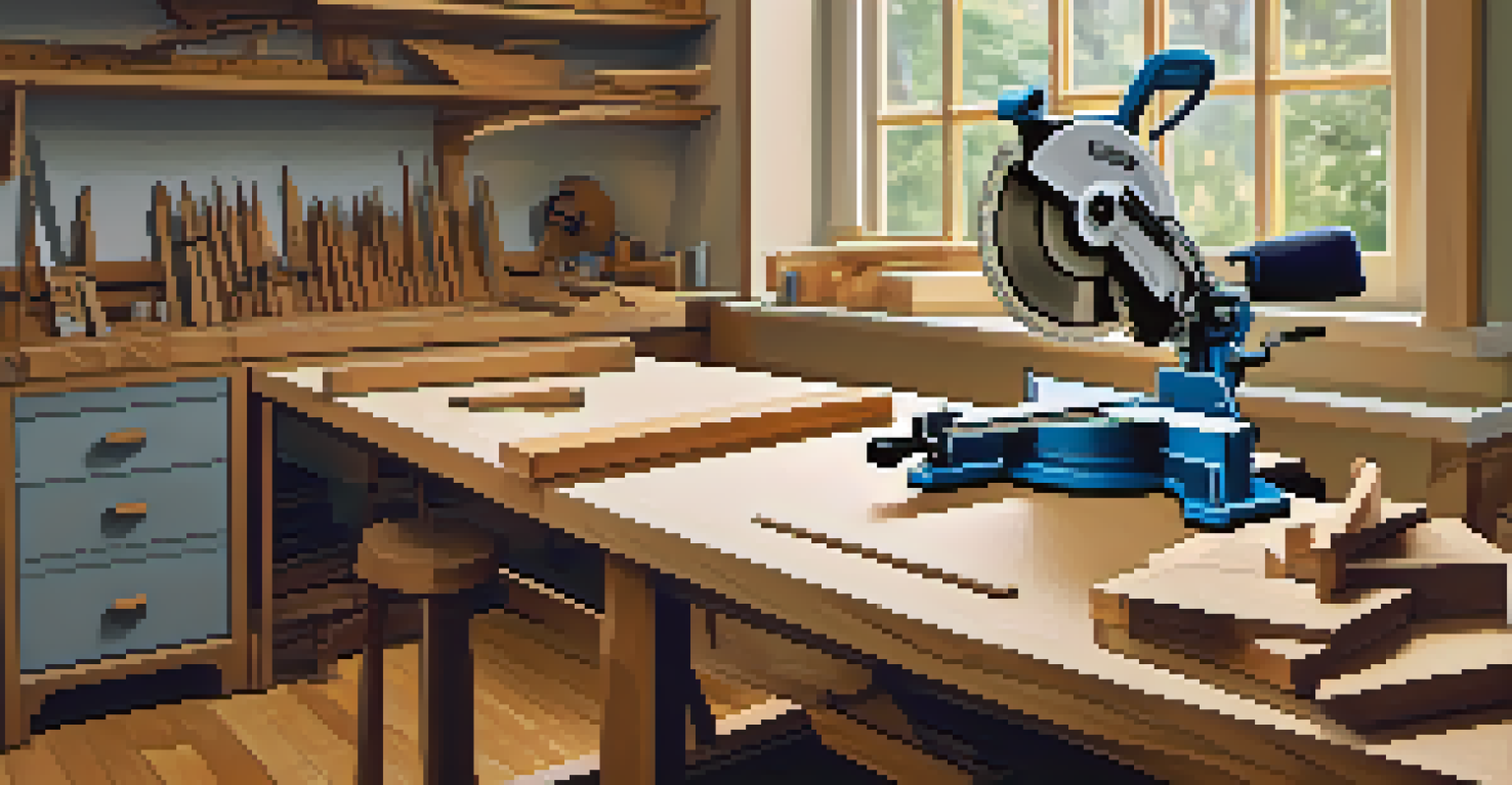 A miter saw on a workbench with cut wooden pieces, measuring tape, and carpenter's square in a workshop.