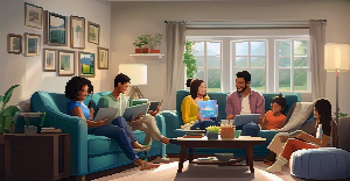 A family sitting together in a living room, discussing their shared calendar on a tablet, surrounded by warm lighting and colorful decor.