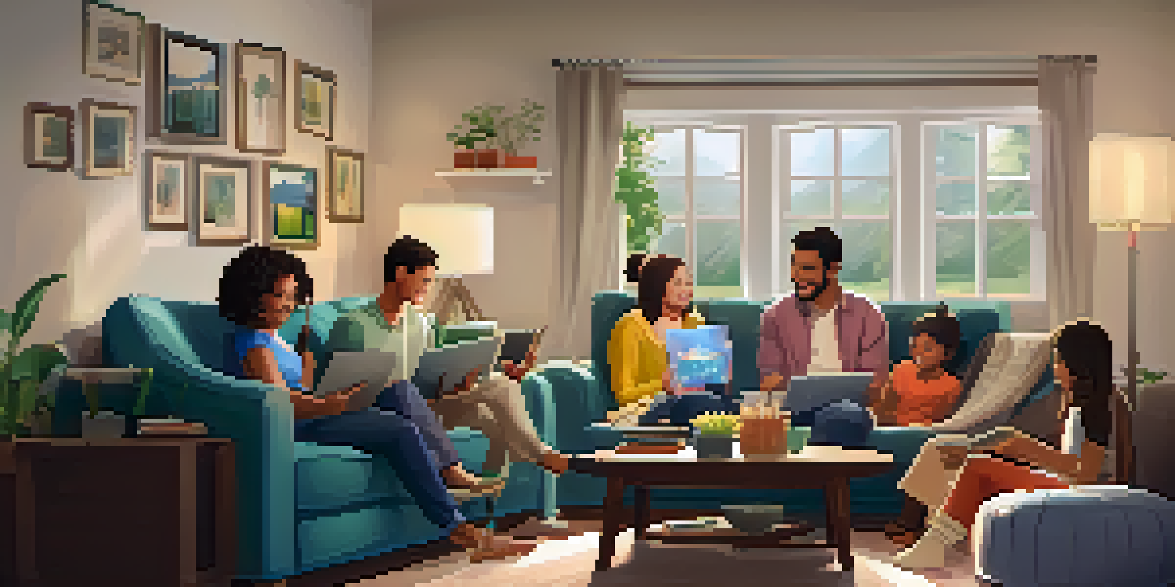 A family sitting together in a living room, discussing their shared calendar on a tablet, surrounded by warm lighting and colorful decor.