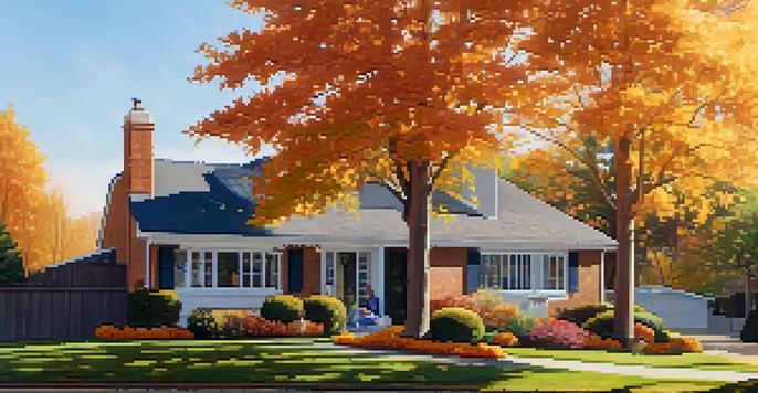 A suburban home in autumn with colorful leaves, trimmed bushes, and a homeowner inspecting the roof.