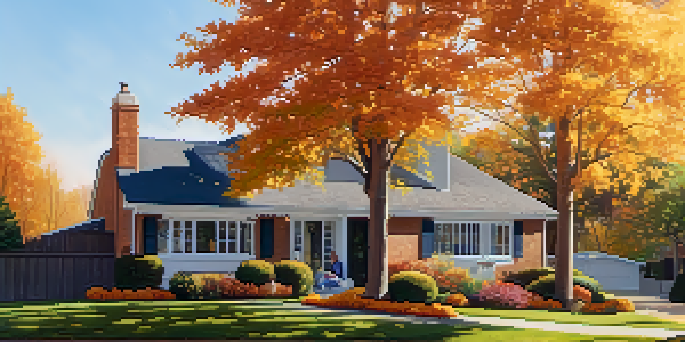 A suburban home in autumn with colorful leaves, trimmed bushes, and a homeowner inspecting the roof.