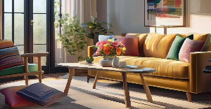A warm and inviting living room with natural light, featuring a comfy sofa, decorative pillows, a coffee table with flowers, and sunlit windows.