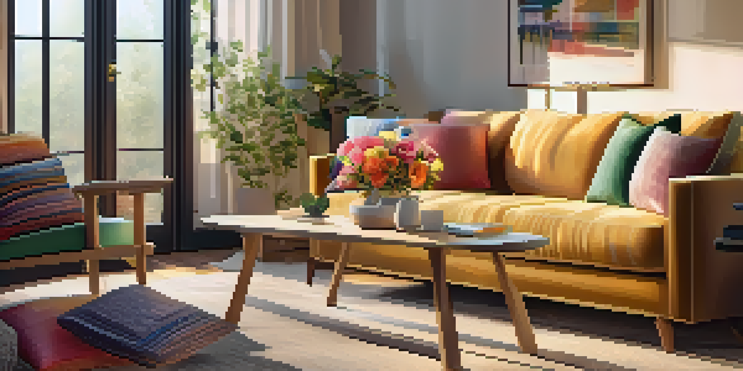 A warm and inviting living room with natural light, featuring a comfy sofa, decorative pillows, a coffee table with flowers, and sunlit windows.