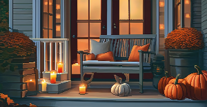 A cozy balcony adorned with autumn decorations, featuring warm colors, comfortable seating, pumpkins, and flickering candles.