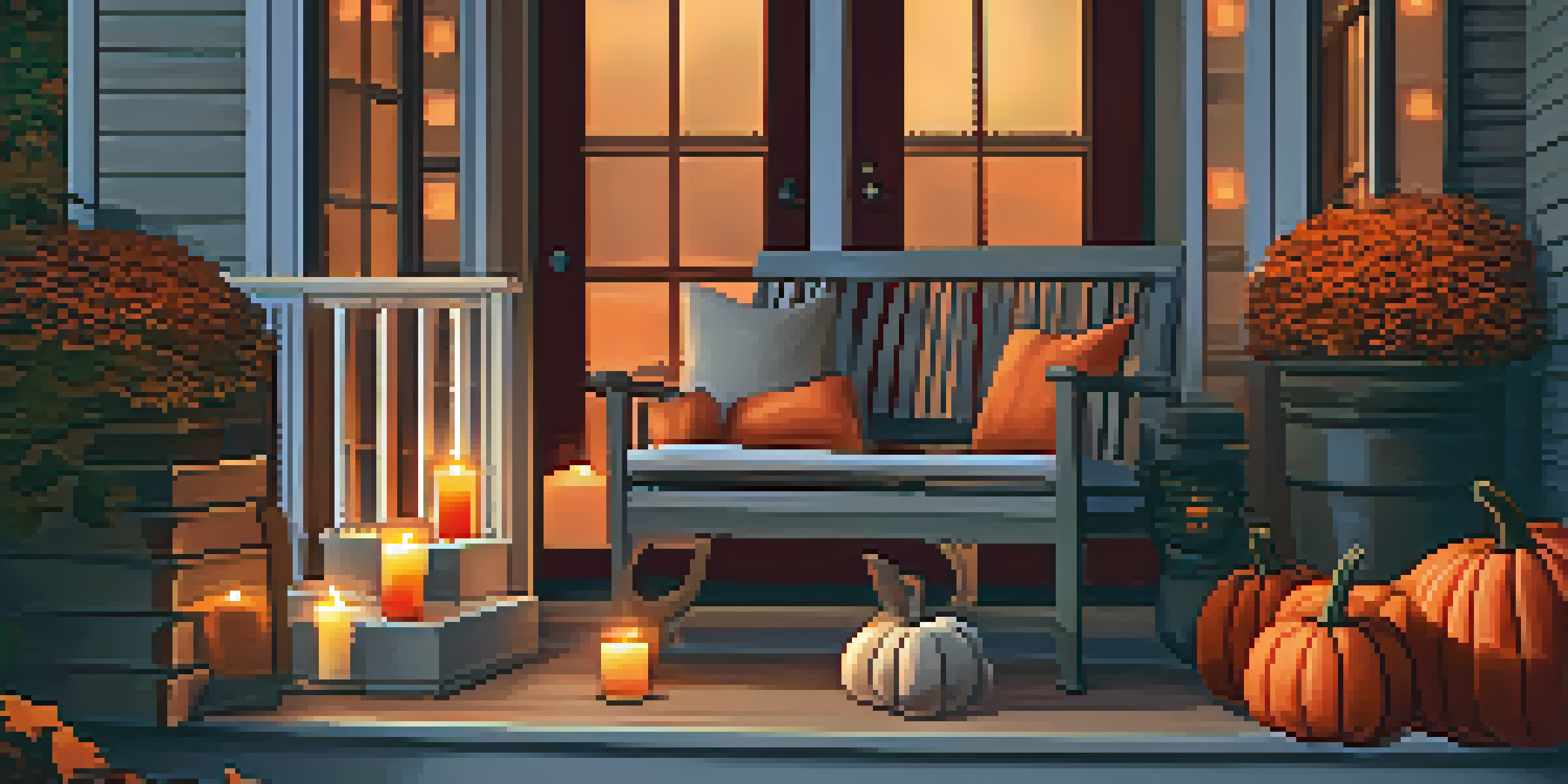 A cozy balcony adorned with autumn decorations, featuring warm colors, comfortable seating, pumpkins, and flickering candles.