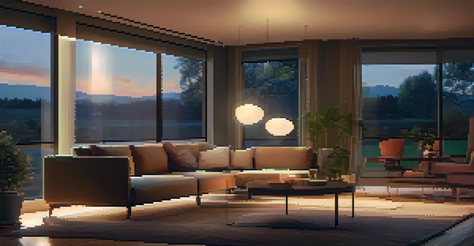 A cozy living room with dimmed warm lights, a modern couch, and a sunset view through a window.