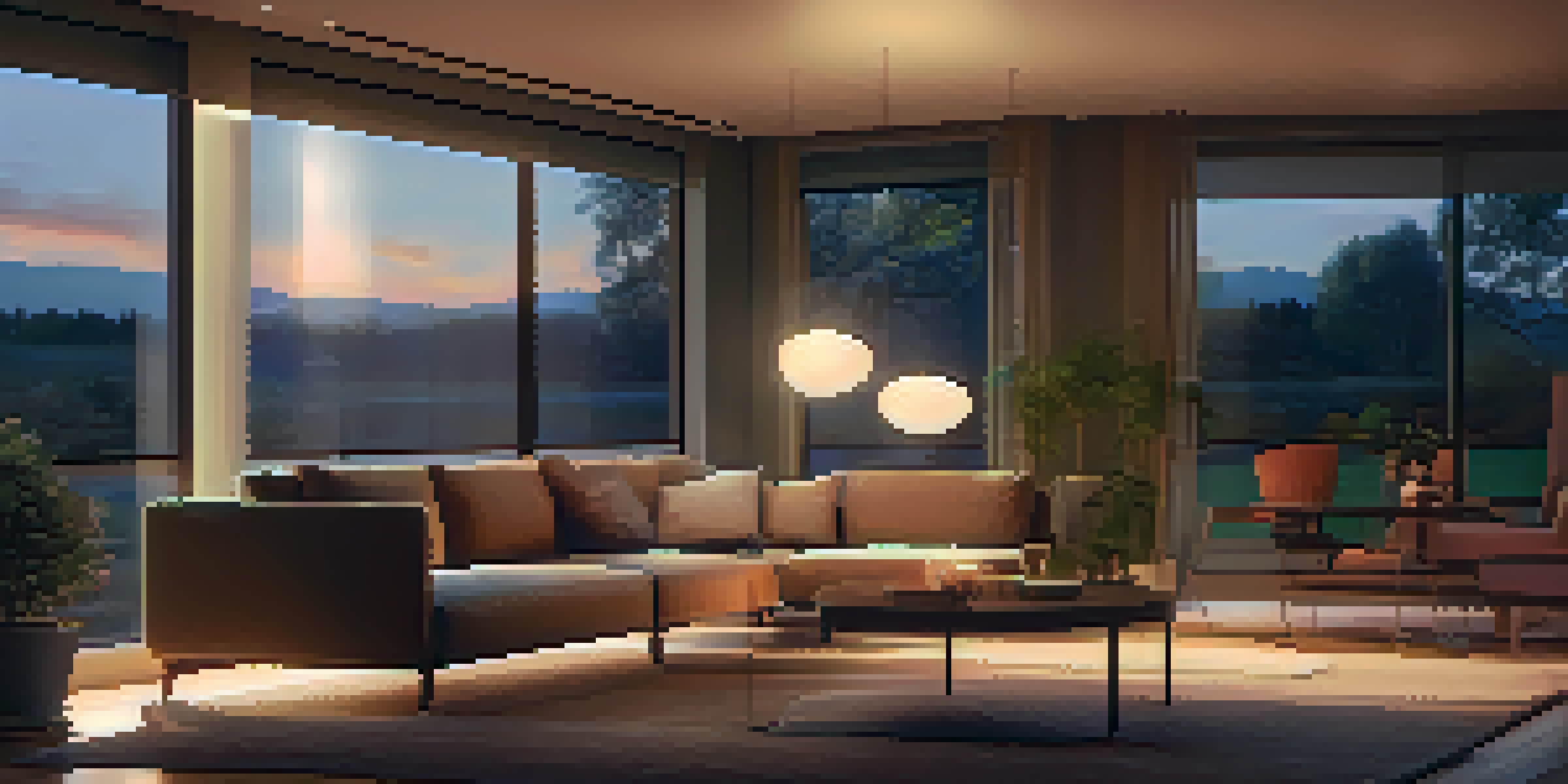 A cozy living room with dimmed warm lights, a modern couch, and a sunset view through a window.