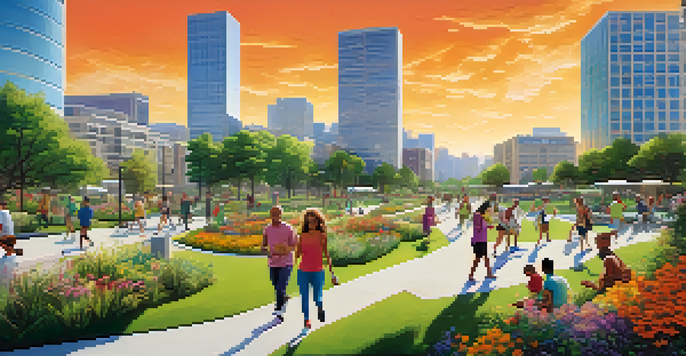 A lively urban park filled with greenery, flowers, and people enjoying various activities, surrounded by modern buildings with eco-friendly features.