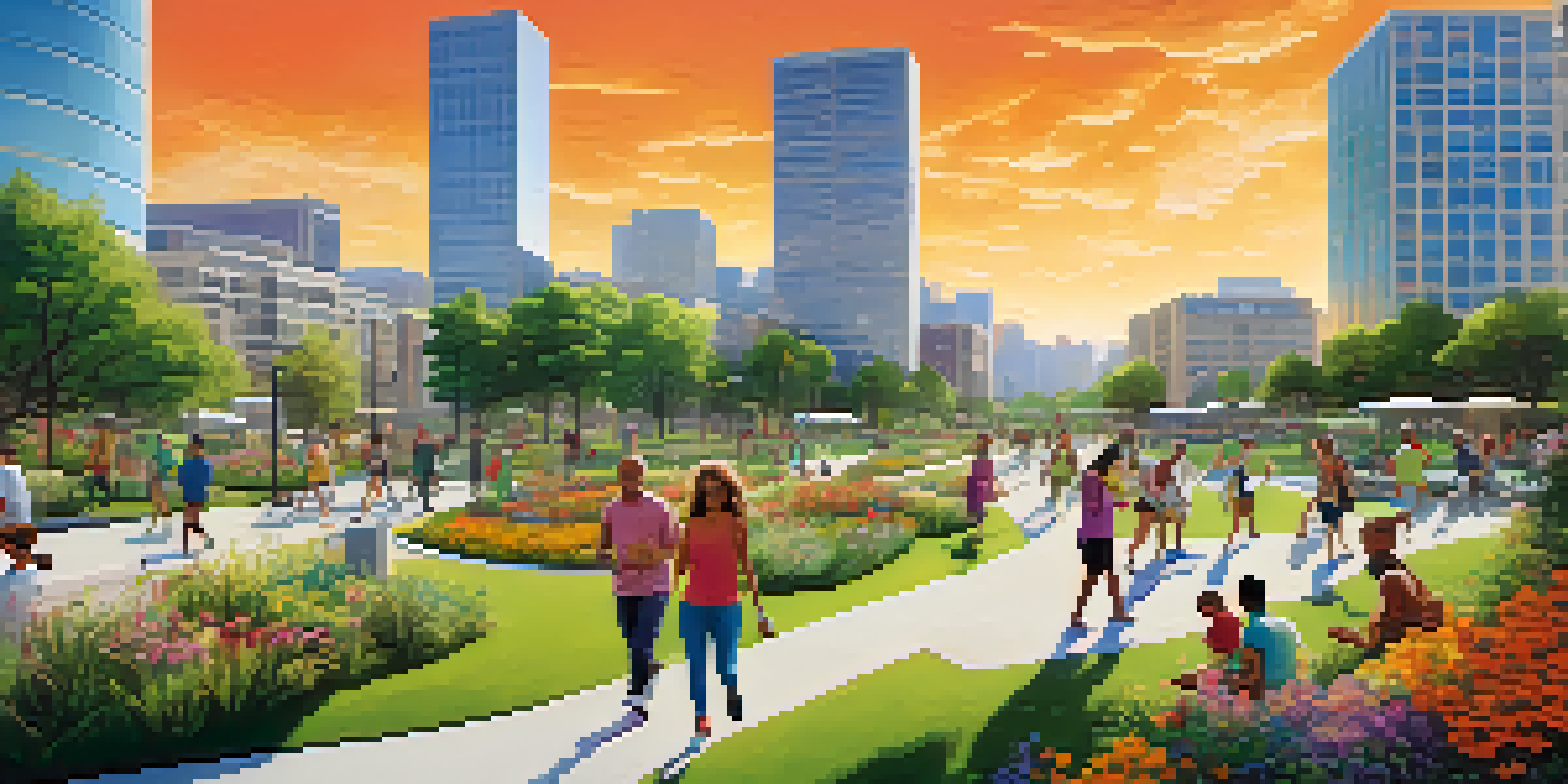 A lively urban park filled with greenery, flowers, and people enjoying various activities, surrounded by modern buildings with eco-friendly features.