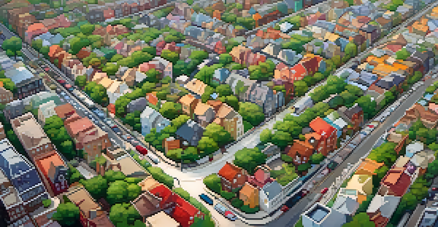 Aerial view of a city with clearly defined zones for residential, commercial, and recreational areas, connected by pathways and parks.
