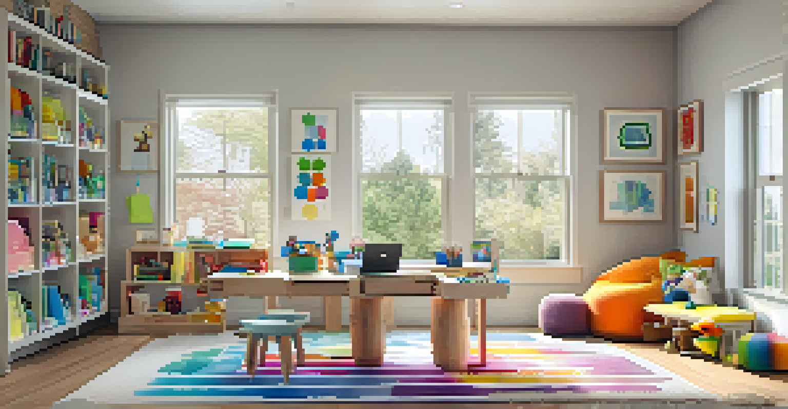 A multifunctional room with a desk, reading nook, and play area, filled with natural light and a cheerful color scheme.