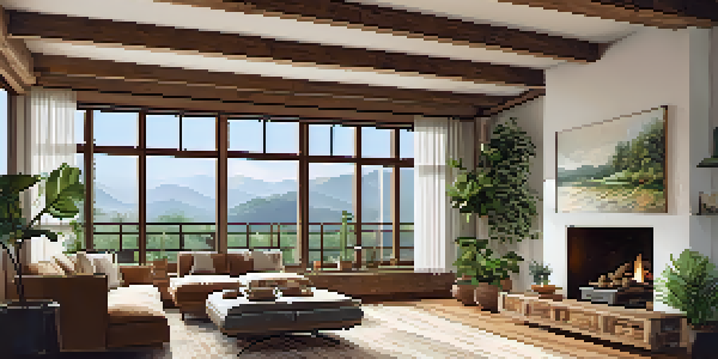 A cozy living room with reclaimed wood beams, bamboo flooring, and large windows filled with natural light, adorned with indoor plants.
