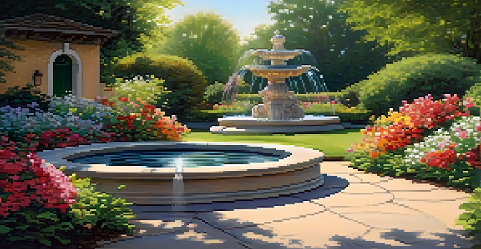 A serene garden with a small tabletop fountain, surrounded by colorful flowers and greenery, illuminated by sunlight.