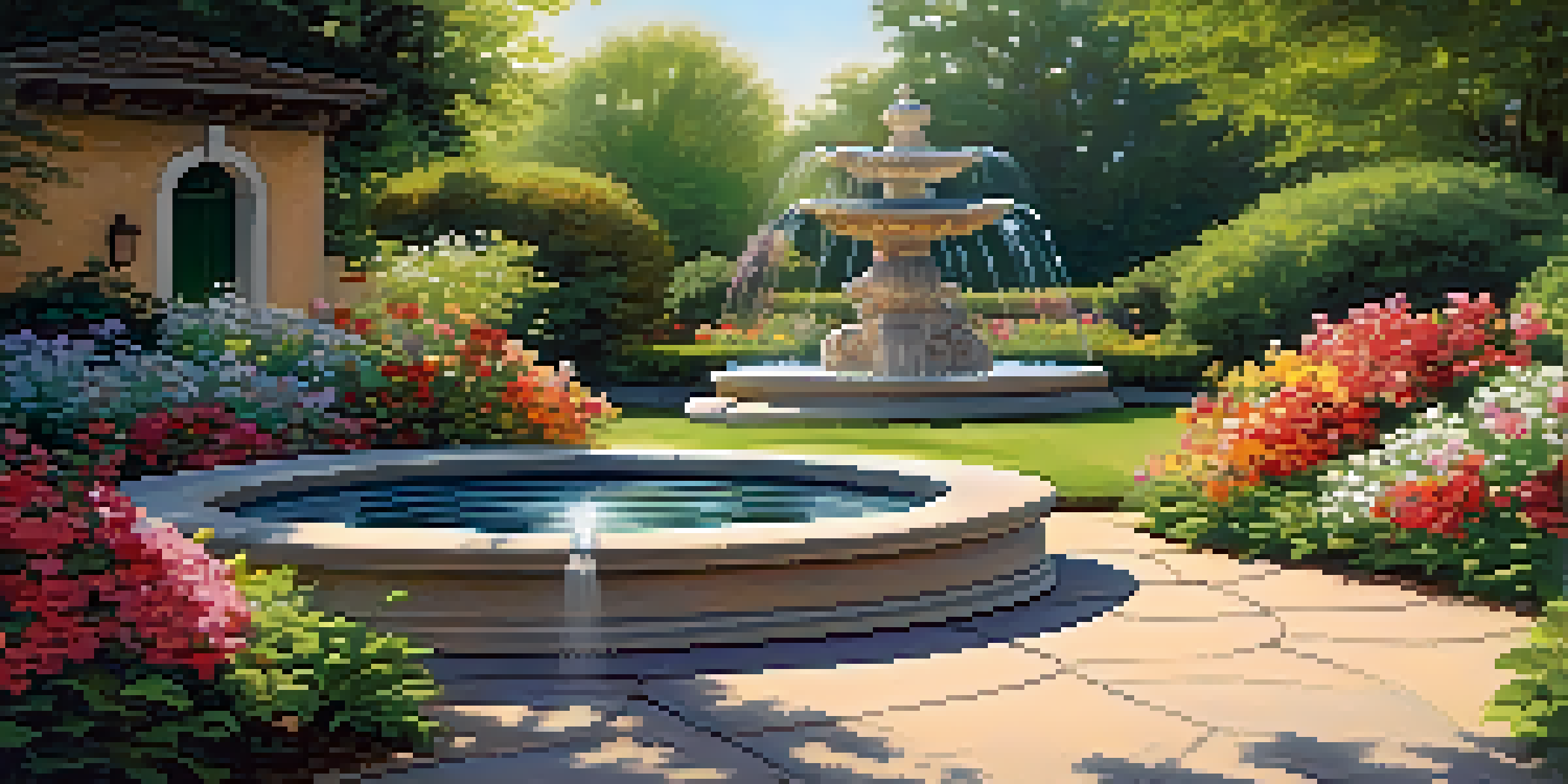 A serene garden with a small tabletop fountain, surrounded by colorful flowers and greenery, illuminated by sunlight.