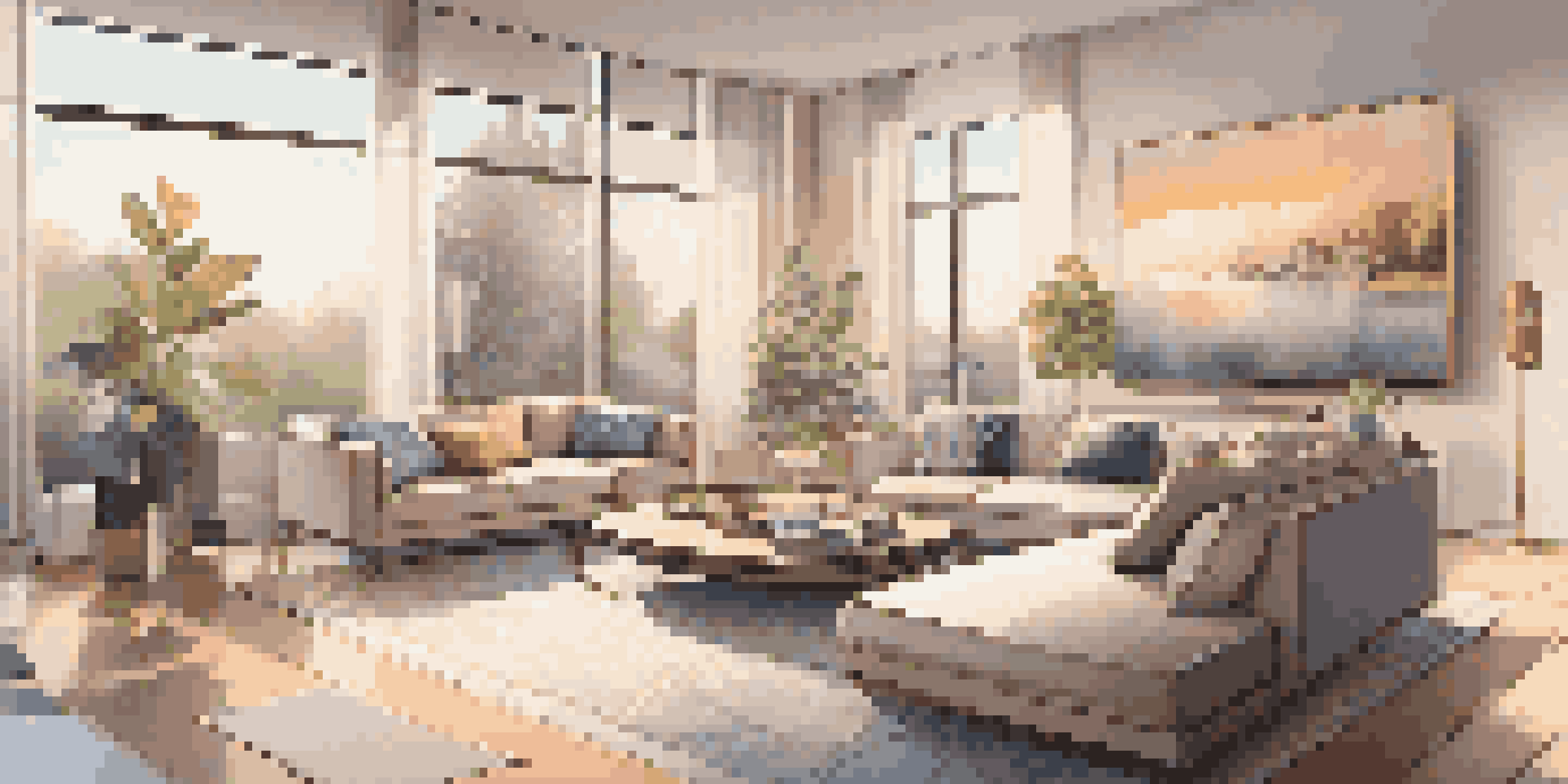 A modern living room with virtual reality elements, featuring sleek furniture and interactive holographic displays.