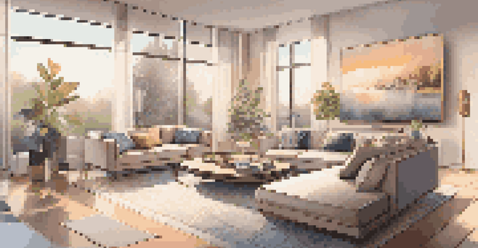 A modern living room with virtual reality elements, featuring sleek furniture and interactive holographic displays.