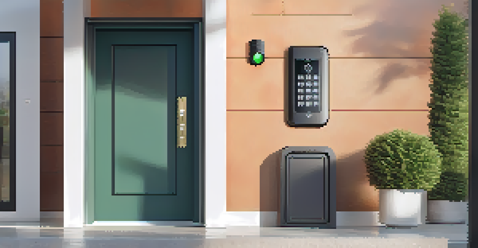 A close-up of a modern door featuring a smart lock and keypad, set in a bright and stylish environment.