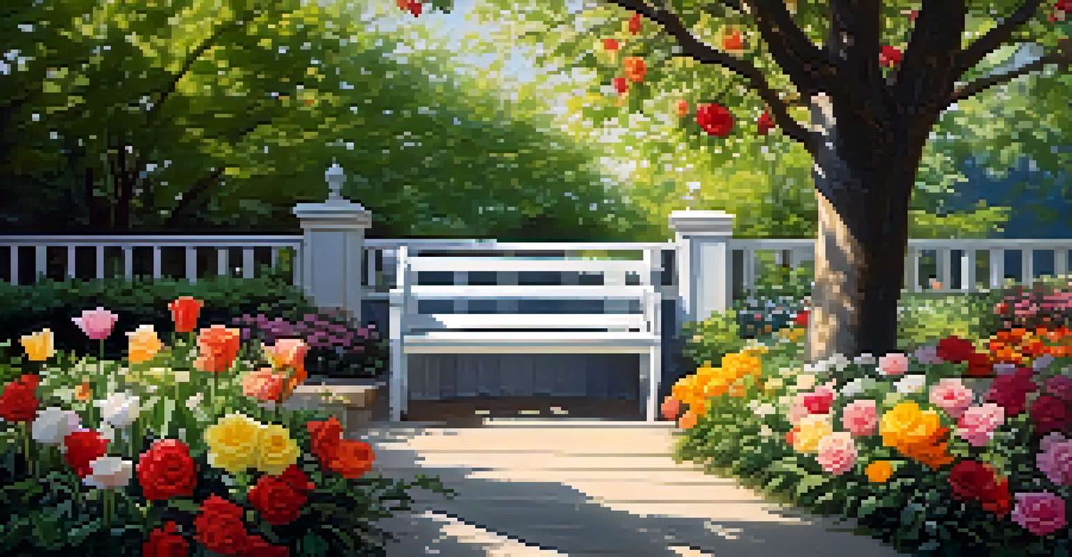 A beautiful garden filled with colorful flowers and a white wooden bench under a tree, with sunlight filtering through the leaves.