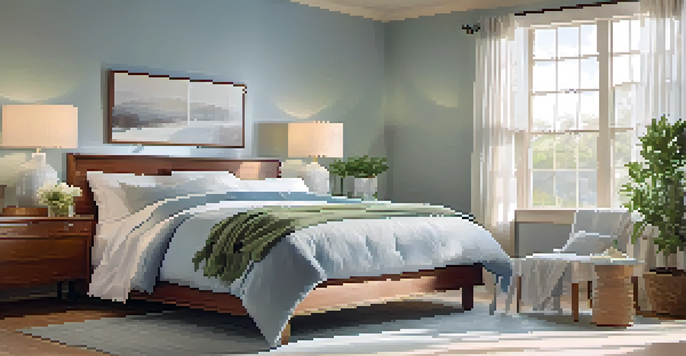 A tranquil bedroom in soft blue with a cozy bed and natural light.
