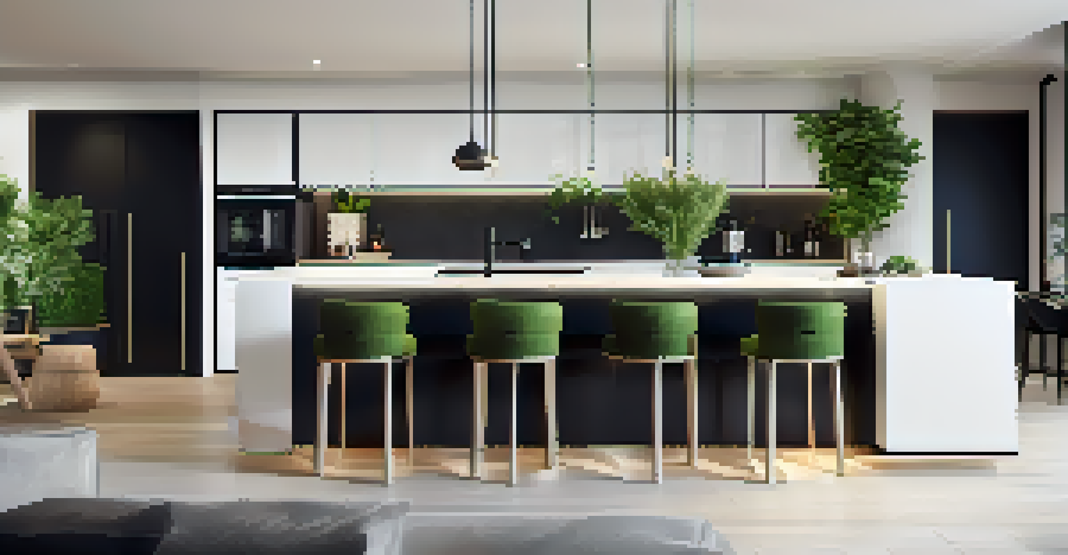 A stylish kitchen island with integrated appliances, bar stools, and modern lighting, featuring a black and white color scheme with potted herbs.