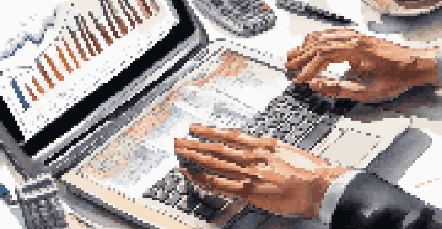 Close-up of a financial analyst typing on a laptop surrounded by financial documents and charts in a well-lit office.